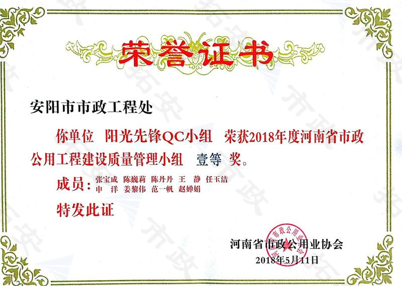 (省級)陽光先鋒QC小組榮獲河南省市政公用工程建設(shè)質(zhì)量管理小組一等獎
