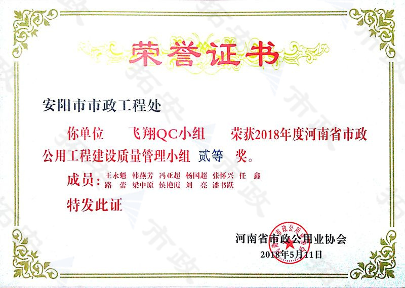 (省級)飛翔QC小組榮獲河南省市政公用工程建設質(zhì)量管理小組二等獎